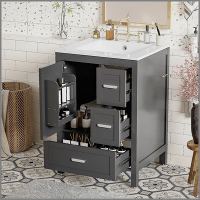 Modern 24-inch Bathroom Vanity with Ceramic Sink, Soft-Close Door, and Multiple Storage Options for Small Spaces