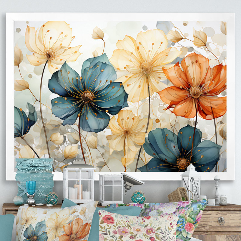 «Teal Orange Petal Mosaics I», art mural abstrait botanique pour le salon, H 16 po x l 32 po, Cadre photo unique, Blanc