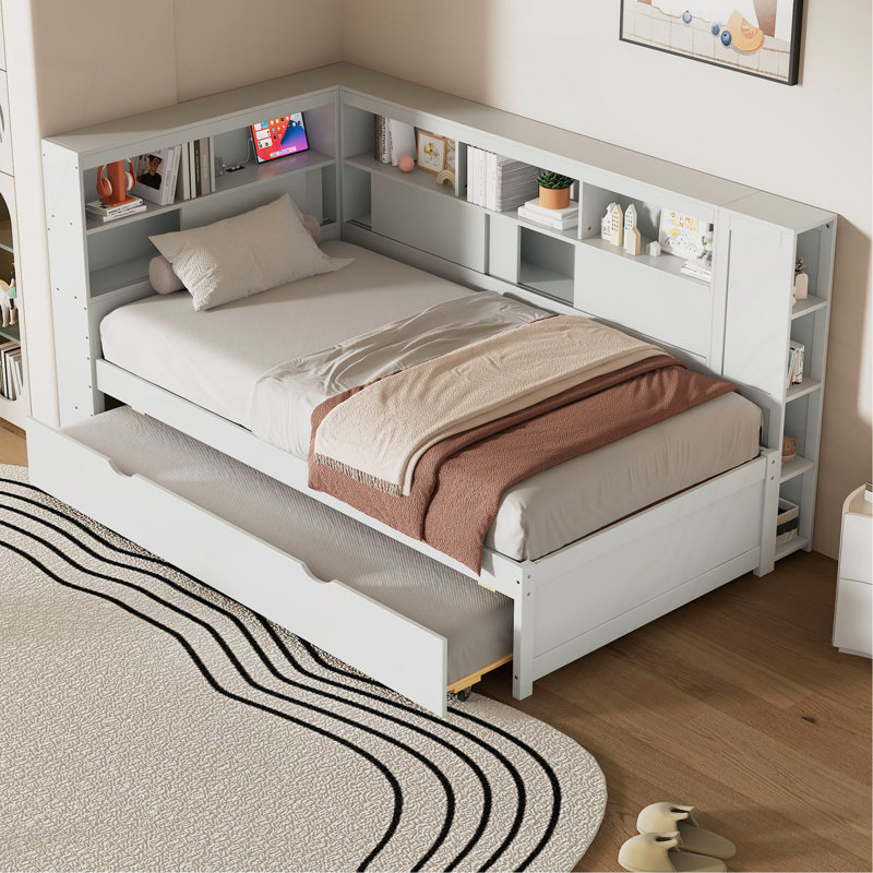 Lit de jour simple en bois avec tablettes de rangement, Blanc