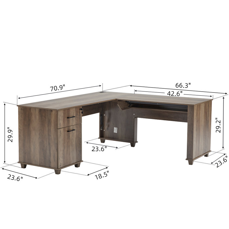 71'' L-Shaped Lift Top Home Office Desk with Storage Drawers , File Cabinet and Convenient Charging