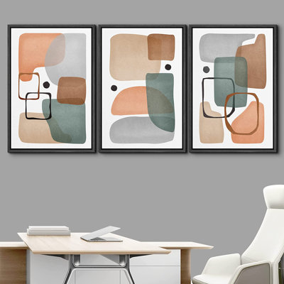 Mid Century Shape " IDEA4WALL Framed Wall Art Print Set Retro 1960s Pastel Polygon Collage Abstract Shapes Illustrations Modern Decorative Multicolor Relax/Calm Boho For Living Room, Bedroom, Office " 3 - Pieces