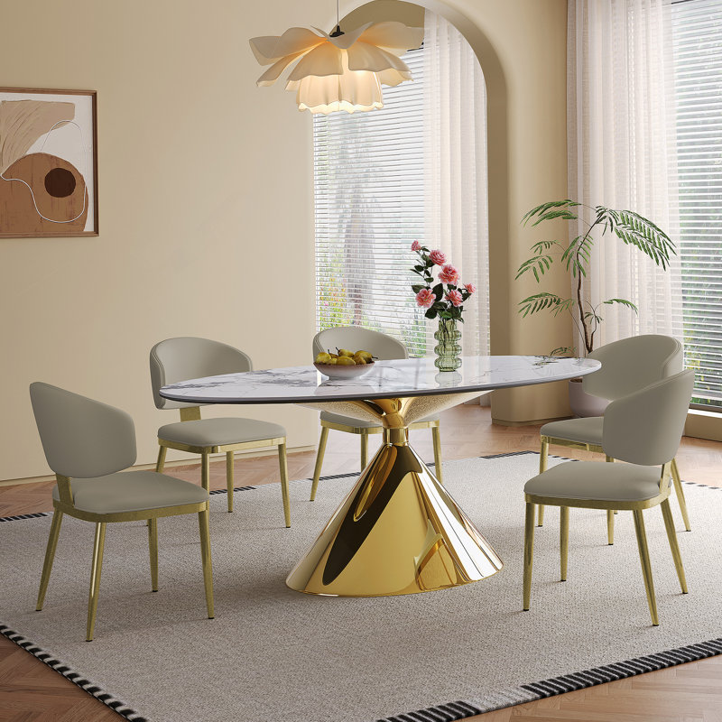 Ensemble de table de salle à manger 71 po en marbre 71 po pour 4 à 6 personnes - Table de cuisine ovale avec base en acier inoxydable doré