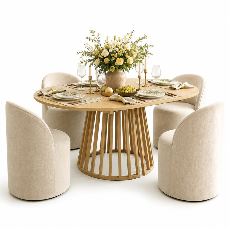 4 - Person Dining Table Sets With Extendabe Oval Table & 4 Upholstered Chenille Rolling Chairs, Brie