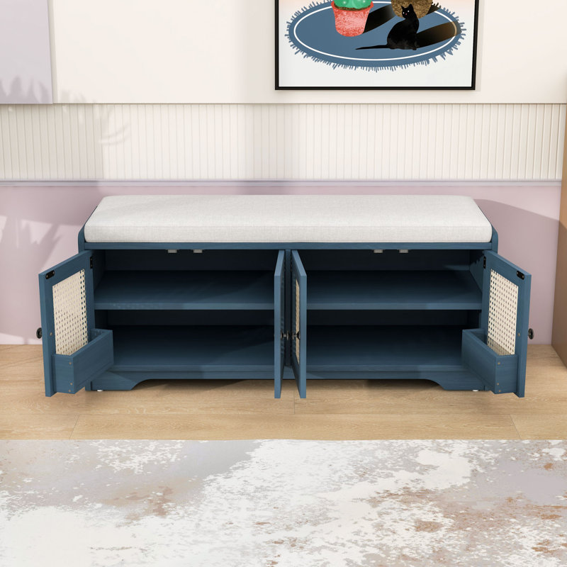 Banc à chaussures en bois avec portes en rotin tissé et tablettes réglables, Antique Navy/Beige