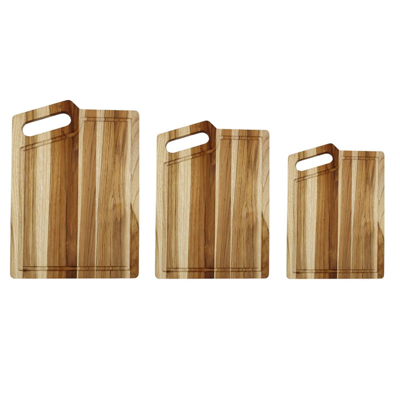 Ensemble de 3 planches à découper en bois de teck EcoDecors, 100% bois de grain certifié FSC avec rainure et poignée, planches à découper pour découper et découper