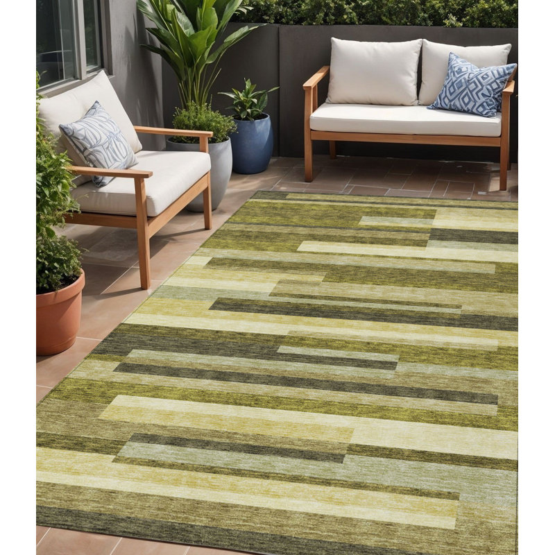 Tapis extérieur lavable rayé vert olive ivoire et beige 5 pi x 8 pi