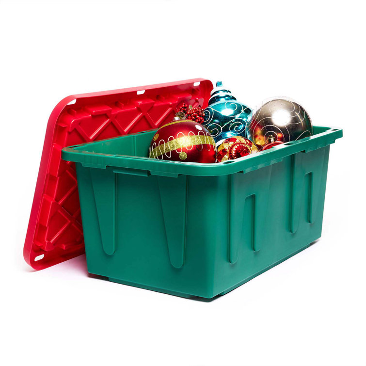 HOMZ Durable 27 Gallon Heavy Duty Holiday Storage Tote, Green/Red