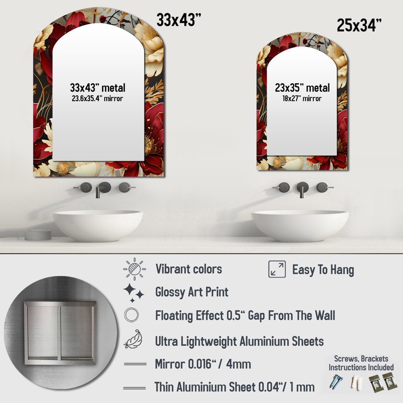 Rich Beige And Red Poppies Opulent Flowers - Floral Arch Mirror, Gold Asymmetrical Unique Wall Mirror, Printed Metal Art