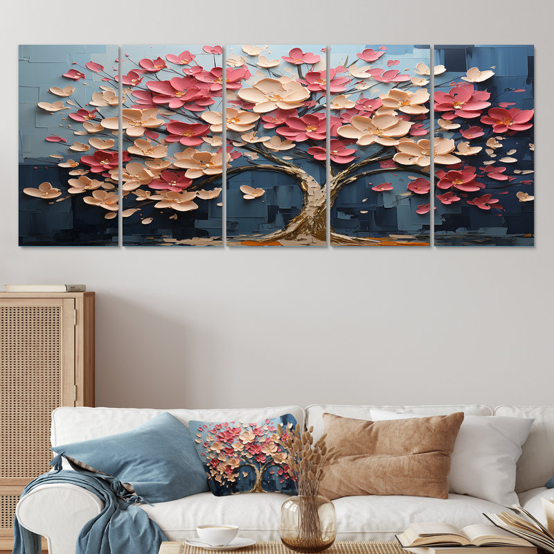 Ensemble de 5 décorations murales dynamiques à motif de pétales blancs et roses, H 32 po x l 80 po