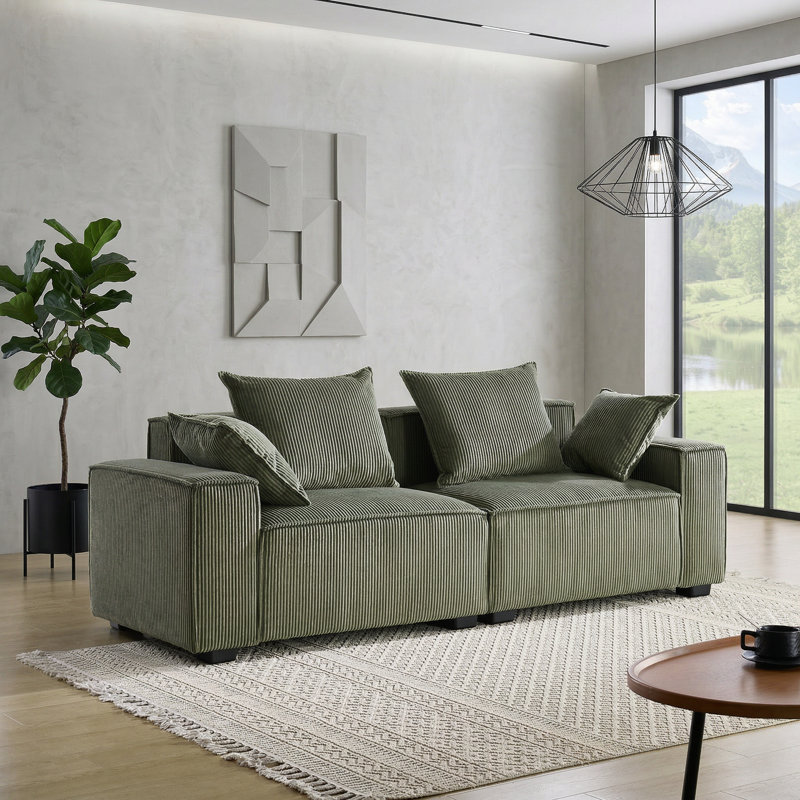 Causeuse moderne en tissu d'ameublement carré, Vert olive