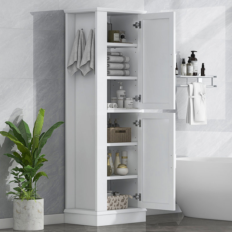 Grande armoire de rangement pour salle de bain, armoire de rangement autoportante avec crochet et tablette réglable, armoire de salon