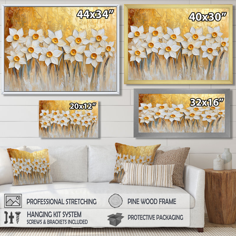 Impression sur toile «Golden Harmony Of Daffodils In Summer I», 34" H x 44" W, Floater Framed Print, Black