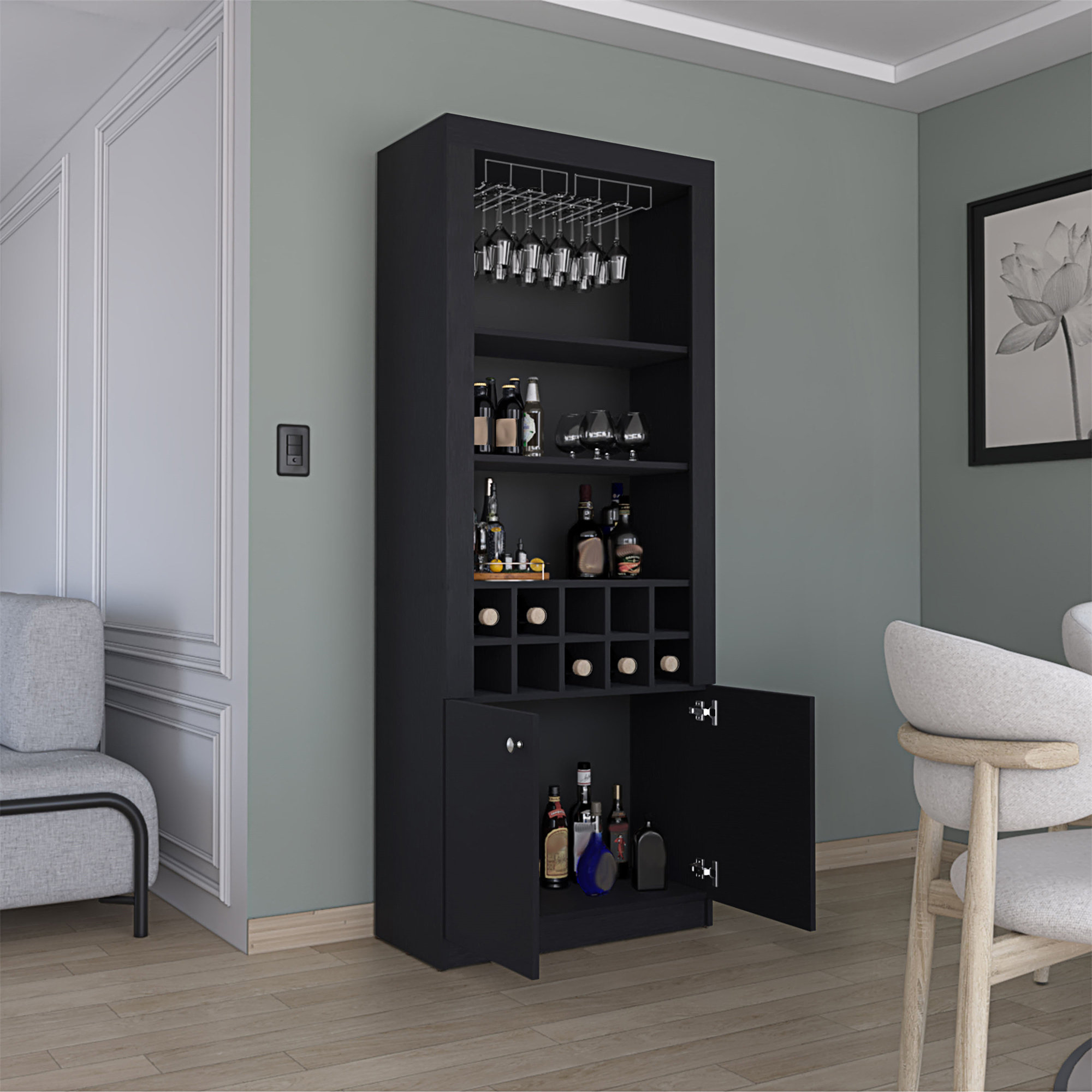 Latitude Run® Nero 74-Inch Tall Bar Cabinet 4-Tier Modern Bar Cabinet ...