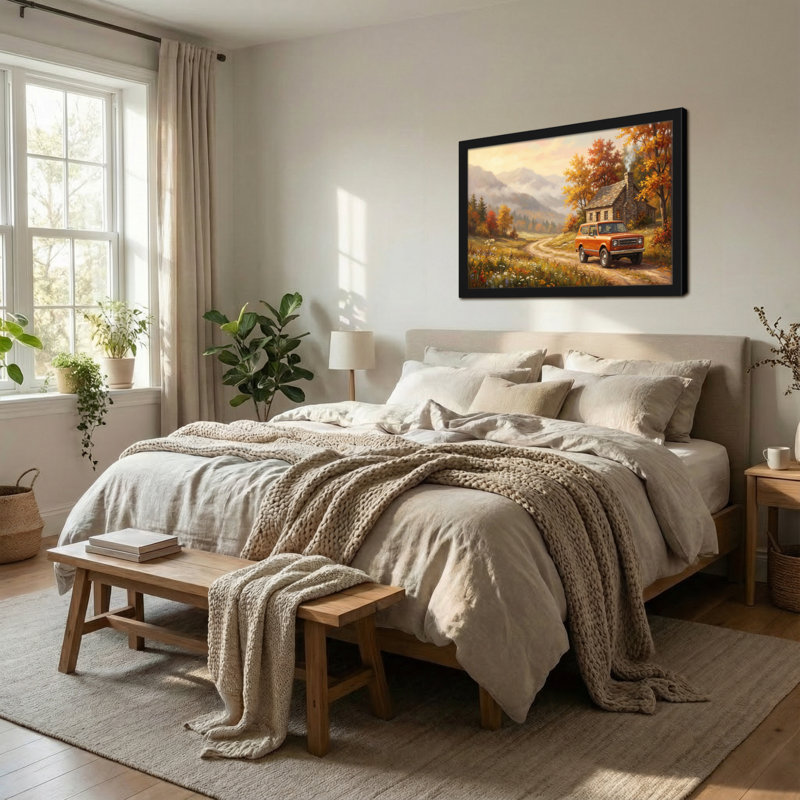 Plantes et fleurs, paysage d'automne avec camion orange et chalet, H 12 po x l 18 po