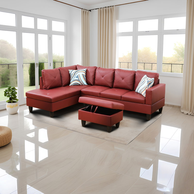 Ensemble de canapé modulaire en similicuir 3 pièces avec repose-pieds rouge, Accoudoir à gauche (vu de face), Noir