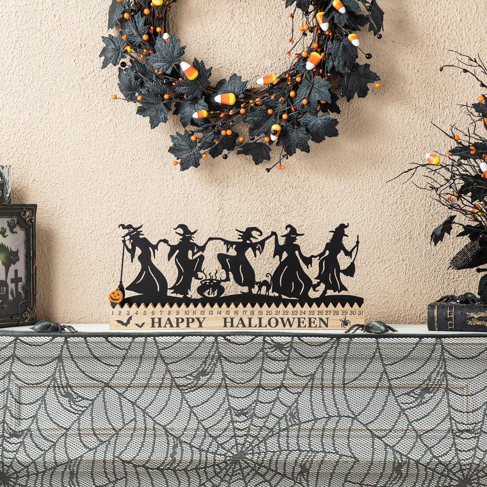 Handmade 18" L Wood and Metal Dancing Witch Silhouette Countdown Sign 