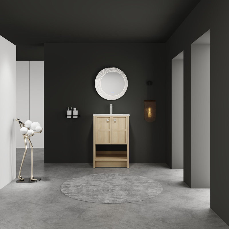 Meuble-lavabo autoportant de style minimaliste moderne avec lavabo en céramique, 2 portes à fermeture douce, 24"