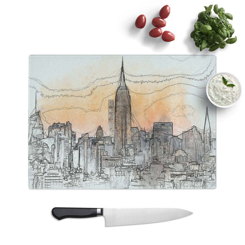 Tempered Glass Yellow New York Skyline in Abstract Chopping Board, 28.5 cm W x 20 cm L
