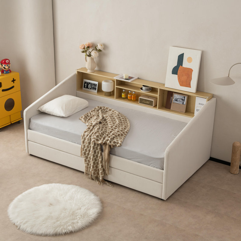 Lit de jour simple avec tablette et tête de lit tapissier 2 tiroirs Guisselle , Crème