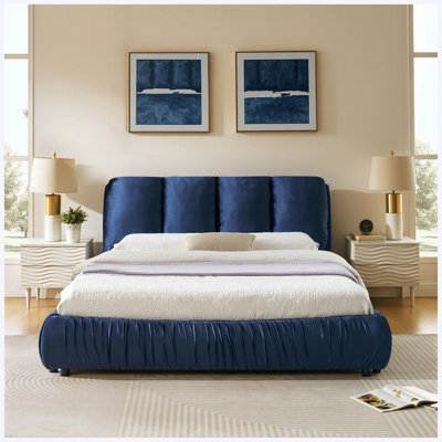 Cadre de lit plateforme tapissier en velours grand format, minimaliste moderne avec tête de lit segmentée moelleuse, bleu foncé
