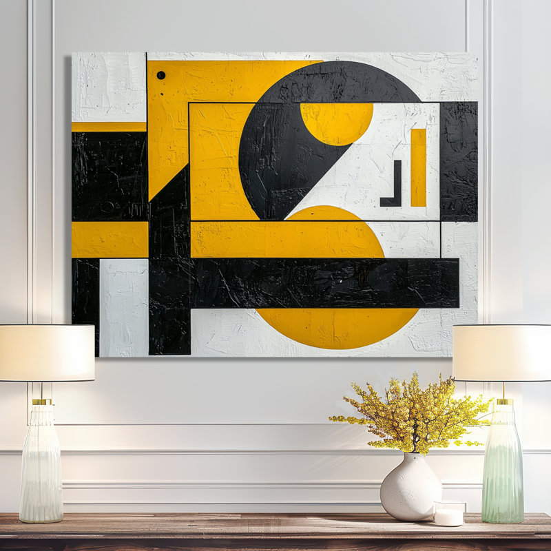 Geometric Pulse Of Yellow And Black Paint II - Abstract Metal Decor, Geometric Metal Print, 12" H x 20" W x 0.84" D