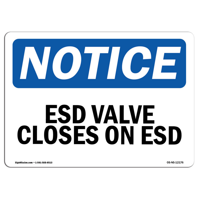 Esd Valve Closes on Esd Sign, 18" H x 12" W x 0.1" D