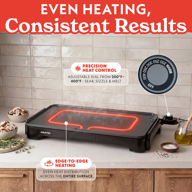 Gourmia 22 Inch Ceramic Electric Griddle with XL Nonstick Surface and Drip Tray, Gray