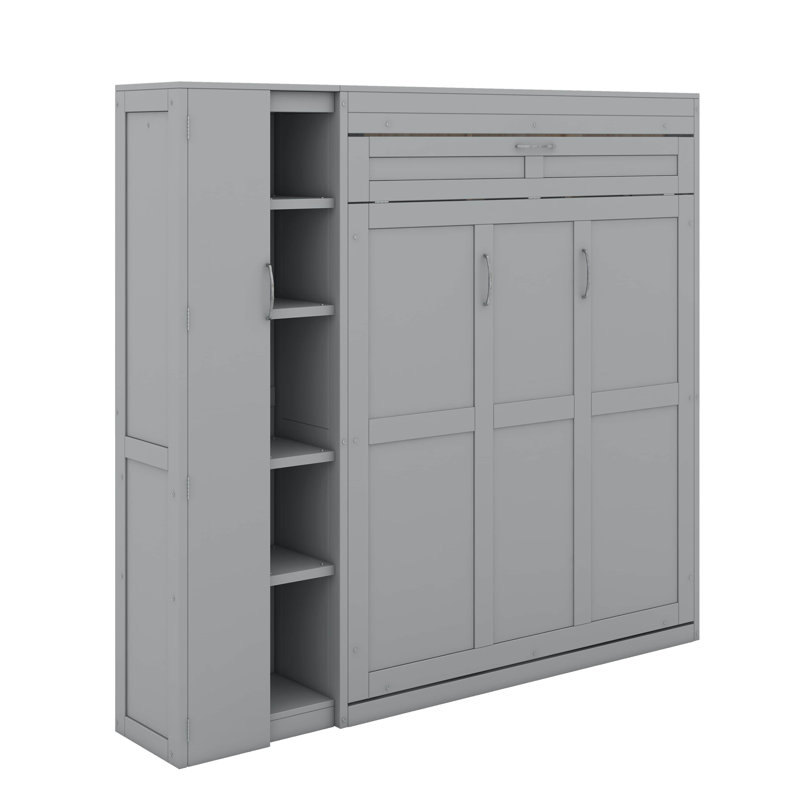 Lit escamotable double avec tablettes, garde-robe et DEL, Gris, Double
