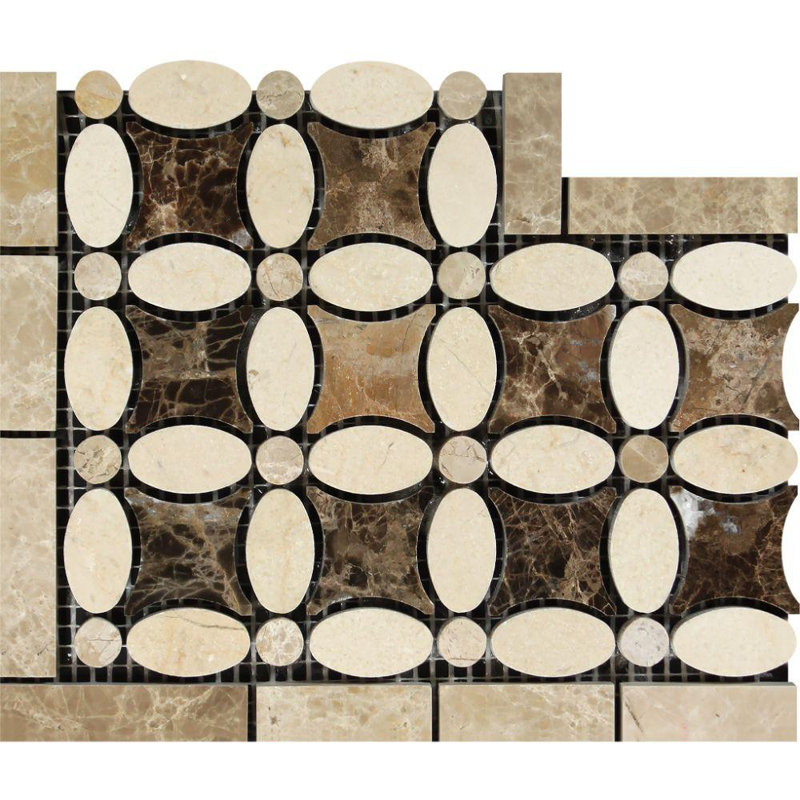 Bordure de coin Crema Marfil avec bordure murale Emperador Light et Emperador