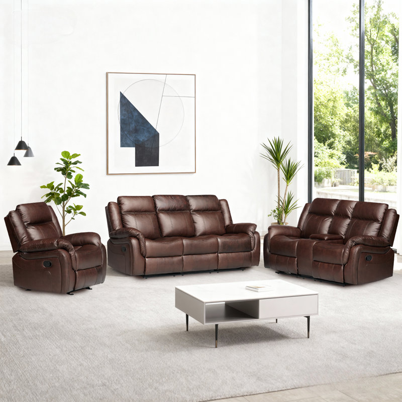  Ensemble de salon inclinable 3 pièces: canapé, causeuse et fauteuil pour une détente totale, Brun