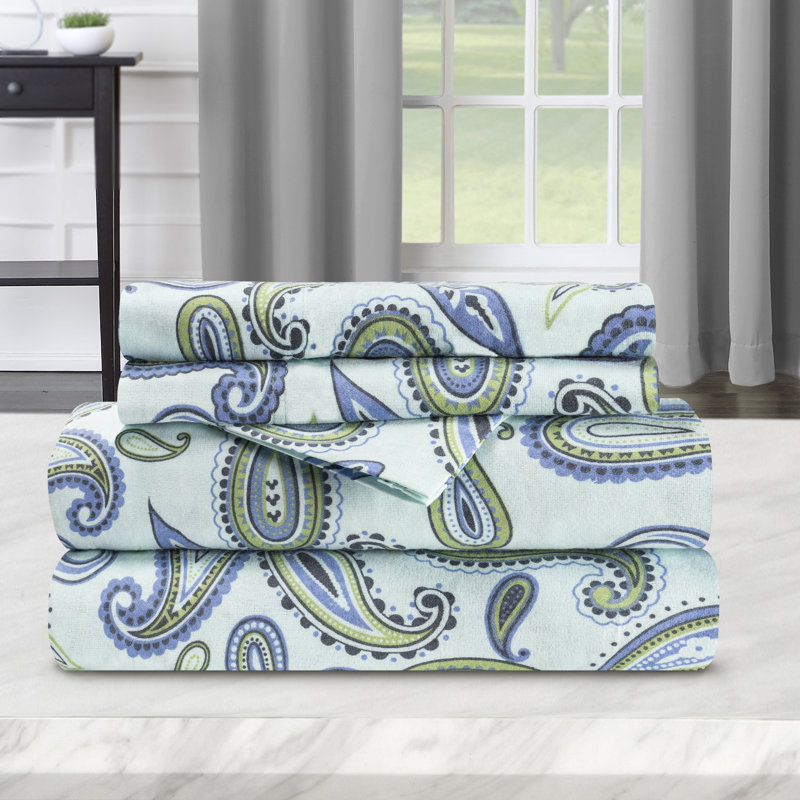 Ensemble de draps en flanelle de coton à motif floral et cachemire rétro, Bleu pâle cachemire