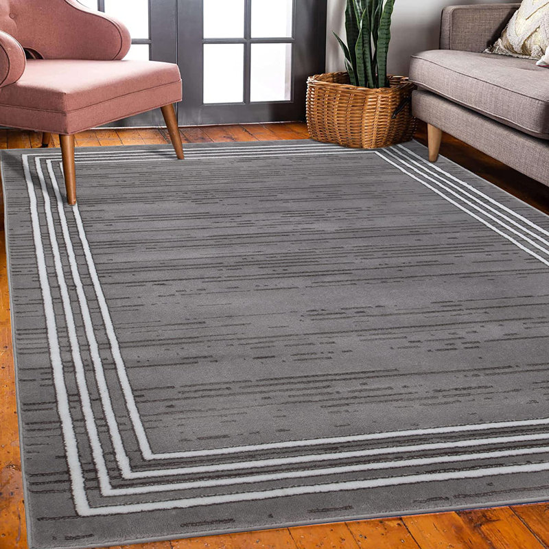 Tapis gris / blanc en polypropylène tissé à la machine Caleal, Rectangle 6 pi 7 po x 9 pi 2 po