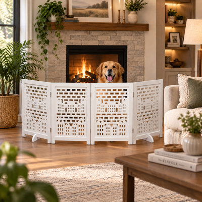 Barrière pliante pour chien en bois à 4 panneaux avec motif de maison