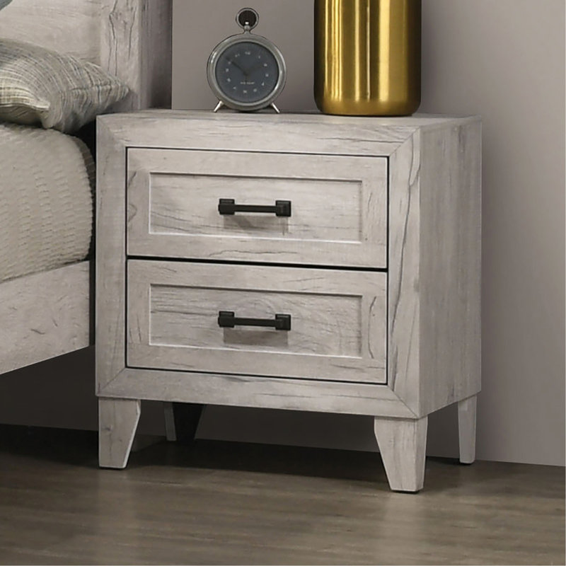 Bedside Table White Wash Finish Striking Elegant 1Pc Nightstand Contemporary Style Black Bar Pull 2-Drawers