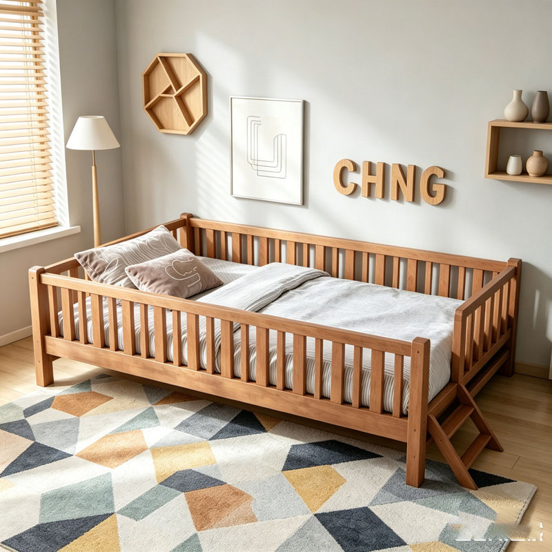 Lit plateforme simple en bois avec garde-corps double, Noyer, Aucun rangement inclus