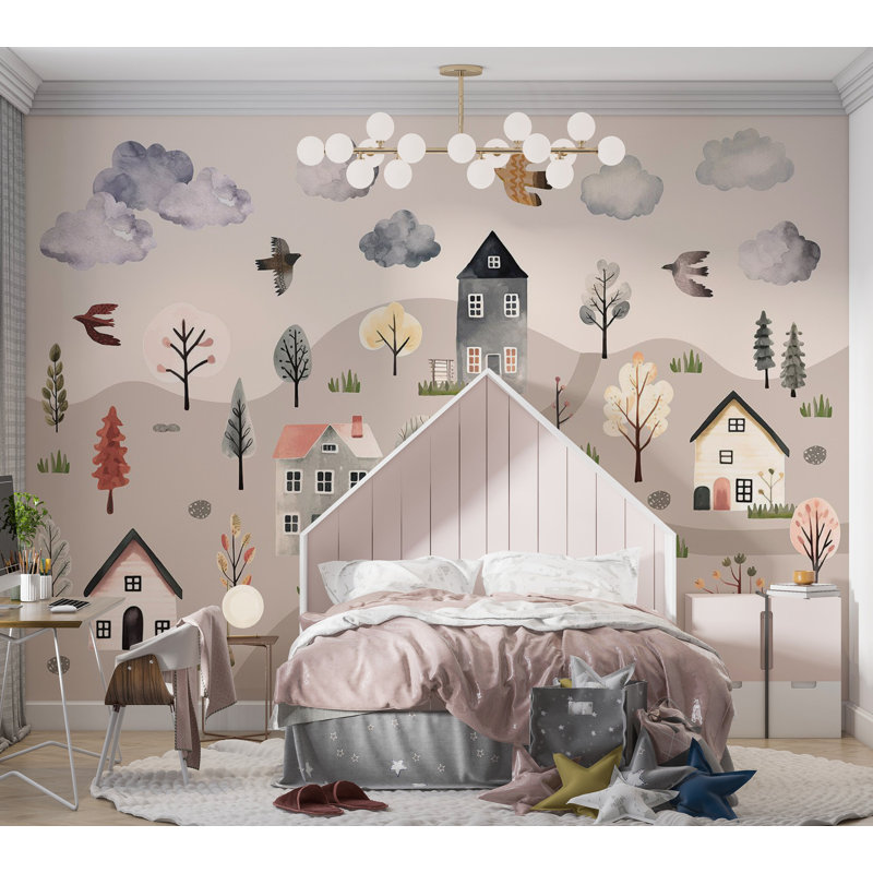 Papier peint mural pour enfants - Vallée scandinave aux couleurs pastel, L 59 po x L 41 po