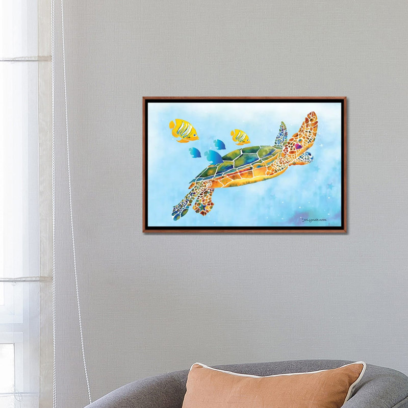 «Sea Turtle Fish» par Jo Lynch - reproduction d'art, H 18 po x l 26 po x P 1,5 po, Toile avec cadre brun, Aucun mat