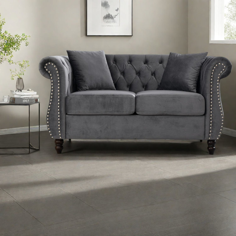 Causeuse Chesterfield à compression en velours gris 58,8 pouces pour la maison