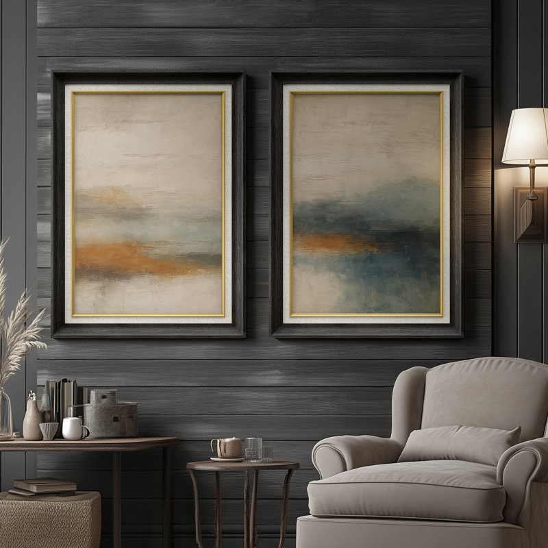 «Coastal Mist Horizon», bleu doux et sable - ensemble de 2 reproductions d'art encadrées de qualité supérieure sur papier 26 po x 36 po