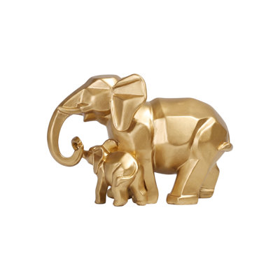 Gold Elephant Figurine with Calf, Geometric Faceted Resin Elephant Statue