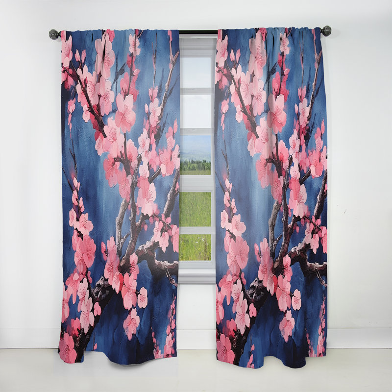 Gennaro Pink And Blue Cherry Blossoms Symphony - Traditional Velvet Curtain - Room Darkening - 1 panel, 52" W x 95" L