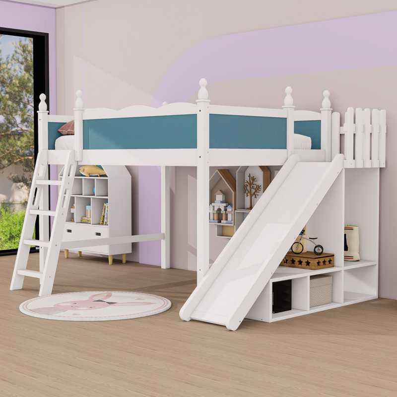 Lit mezzanine en bois avec glissoire, tablettes de rangement et échelles, Bleu/blanc, Complète