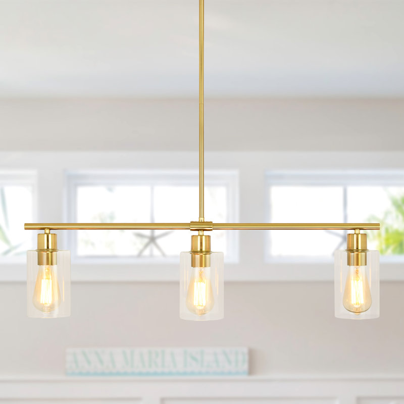 Lustre linéaire rustique à 3 lumières avec abat-jour en verre transparent Delmis, Or