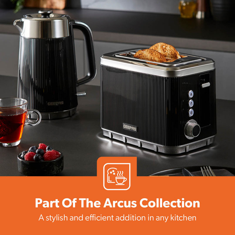 GEEPAS Arcus 2 Slice Toaster | 7 Browning Levels Cancel Defrost Reheat | For Thin Small Bread Slice Removable Crumb Tray Cool Touch Housing High Lift Space-Saving Design | 2 Yr Warranty 930W