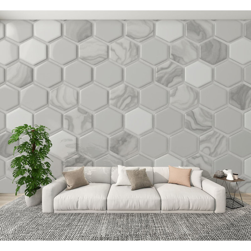 Papier peint adhésif mural moderne en marbre gris hexagonal à variations subtiles H 100 po x l 144 po, papier peint amovible en PVC pour le salon de la chambre à coucher