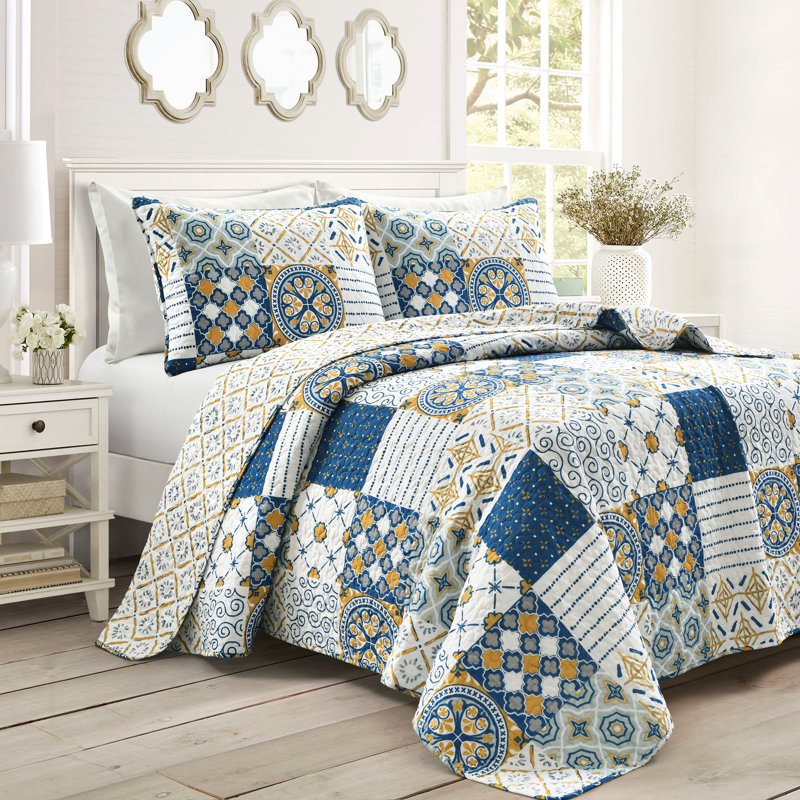 Ensemble de courtepointe réversible standard en coton 3 pièces Monique, Bleu marine / moutarde