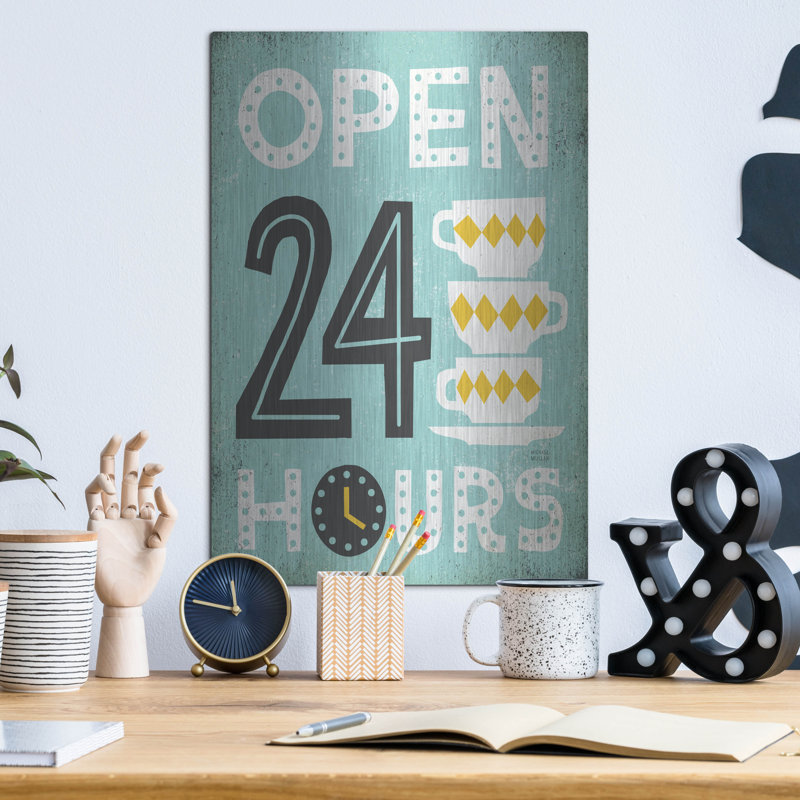 Art mural en métal luxueux «Retro Diner Open 24 Hours» par Michael Mullan, H 16 po x l 12 po