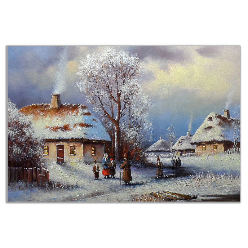 Old Winter Village Painting - Wrapped Canvas Print, 20cm H x 31cm W
