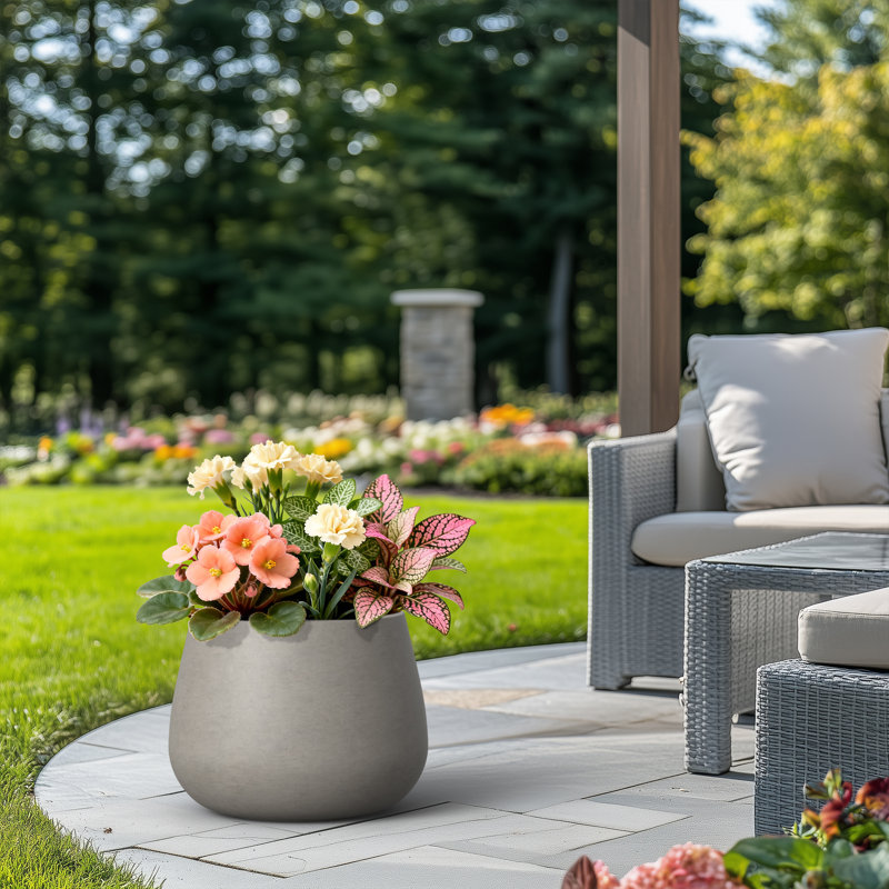 Small Concrete Round Planter / Pot With Drainage Holes, Light Gray, 17.32" H x 21.26" W x 21.26" D