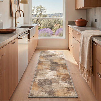 Tapis de couloir abstrait beige / brun lavable à la machine avec envers antidérapant